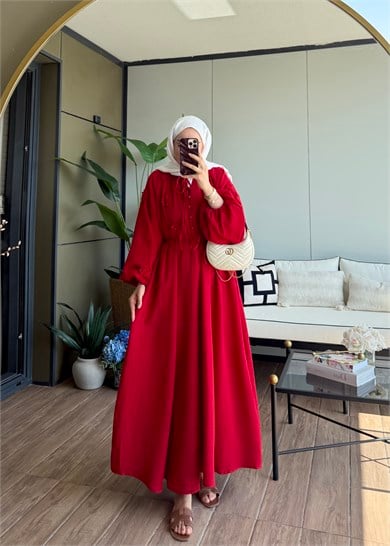 Aliza Çiçek İşlemeli Müslin Elbise Kırmızı