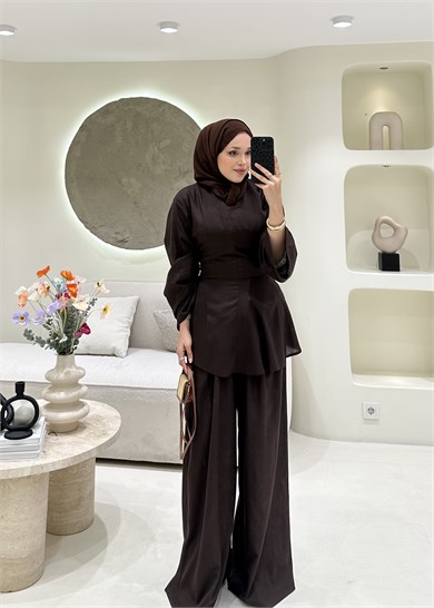 Alvena Bağlamalı Keten Takım Kahverengi 