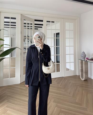 Alya Çift Fermuarlı Denim Takım Koyu Mavi