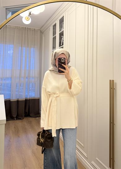 Angora Kemerli Bluz Ekru