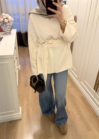 Angora Kemerli Bluz Ekru