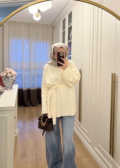 Angora Kemerli Bluz Ekru