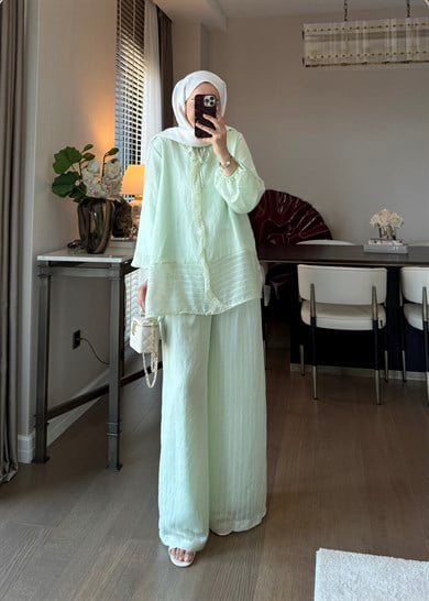 Anna Çizgili İkili Takım Mint Yeşili