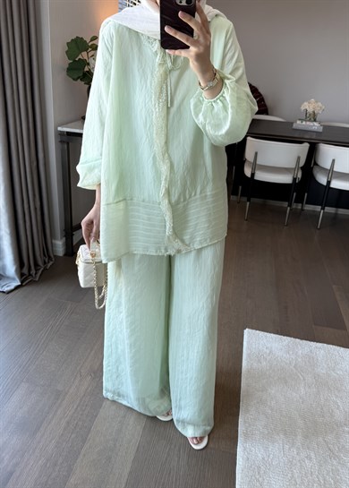 Anna Çizgili İkili Takım Mint Yeşili