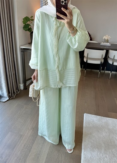 Anna Çizgili İkili Takım Mint Yeşili