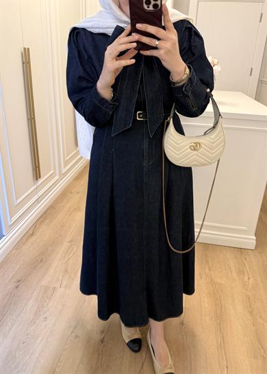 Arya Beli Kemerli Premium Denim Elbise