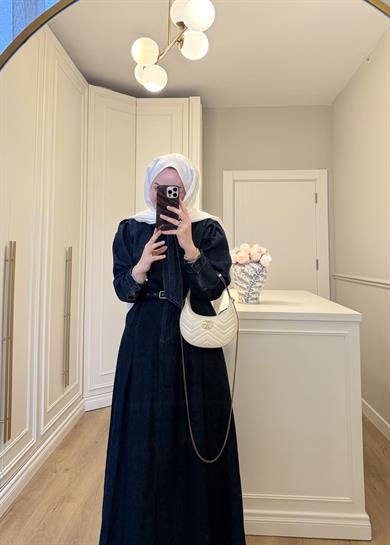 Arya Beli Kemerli Premium Denim Elbise