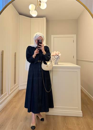 Arya Beli Kemerli Premium Denim Elbise