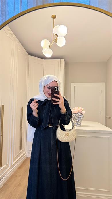 Arya Beli Kemerli Premium Denim Elbise