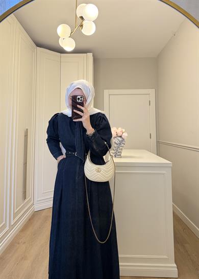 Arya Beli Kemerli Premium Denim Elbise