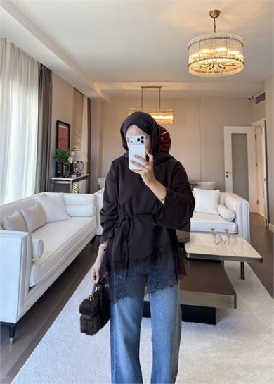 Asimetrik Dantel Detaylı Sweat Kahverengi