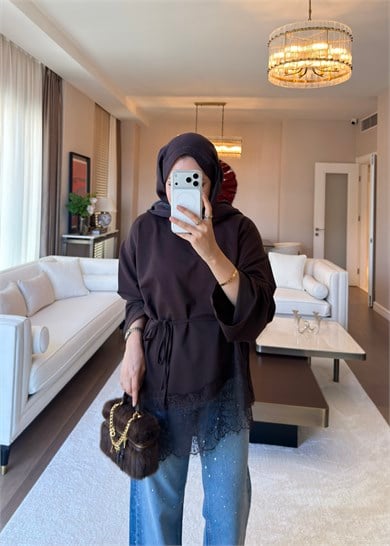Asimetrik Dantel Detaylı Sweat Kahverengi
