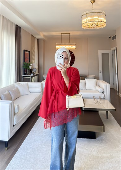 Asimetrik Dantel Detaylı Sweat Kırmızı