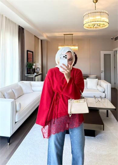 Asimetrik Dantel Detaylı Sweat Kırmızı