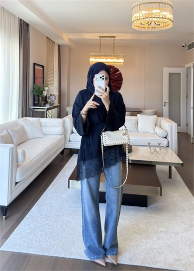 Asimetrik Dantel Detaylı Sweat Lacivert