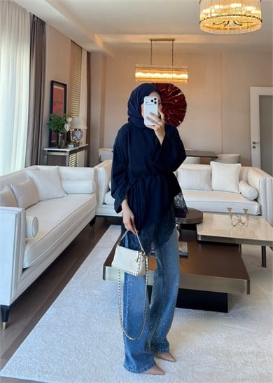 Asimetrik Dantel Detaylı Sweat Lacivert