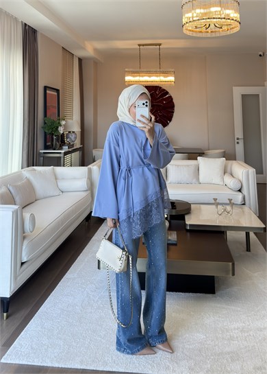 Asimetrik Dantel Detaylı Sweat Lila