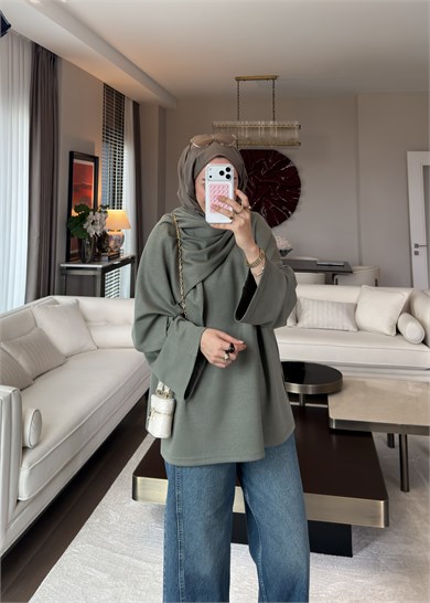 Atkı Detaylı Bağlamalı Sweat Haki