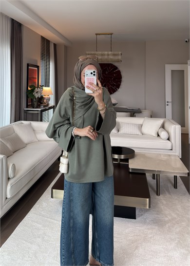 Atkı Detaylı Bağlamalı Sweat Haki