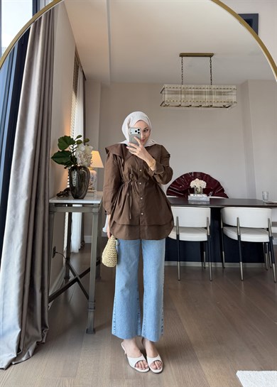 Bağlama Detaylı Pamuk Gömlek Kahverengi