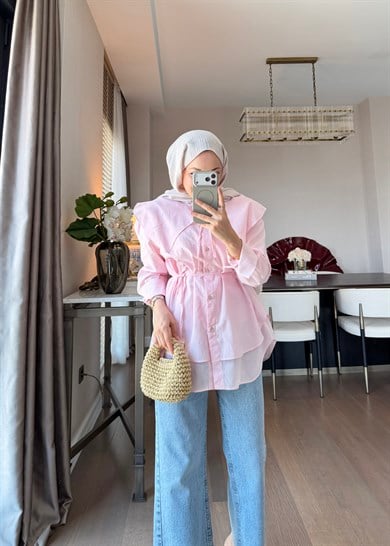 Bağlama Detaylı Pamuk Gömlek Pembe