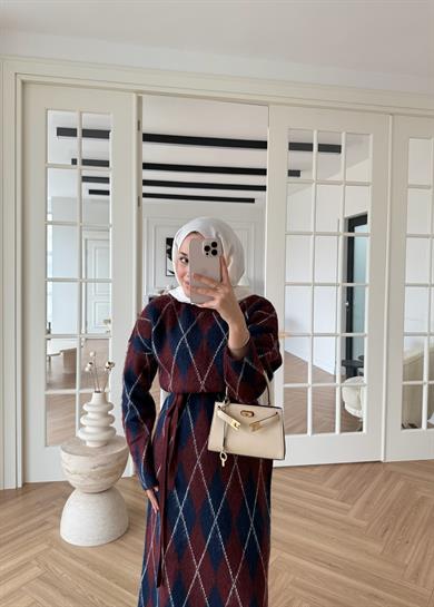 Baklava Desenli Triko Elbise Bordo