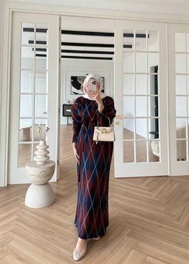 Baklava Desenli Triko Elbise Bordo