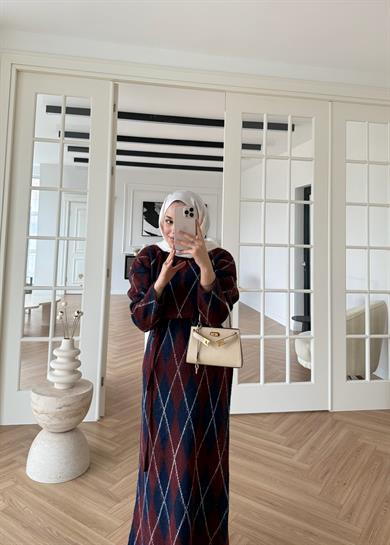 Baklava Desenli Triko Elbise Bordo