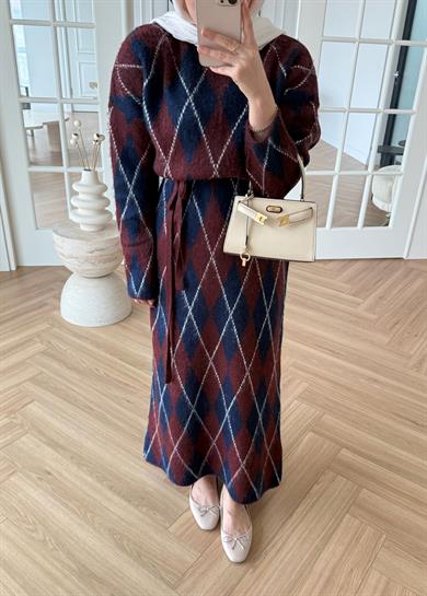 Baklava Desenli Triko Elbise Bordo