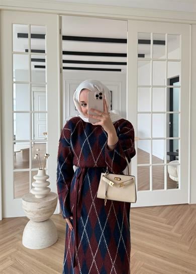 Baklava Desenli Triko Elbise Bordo