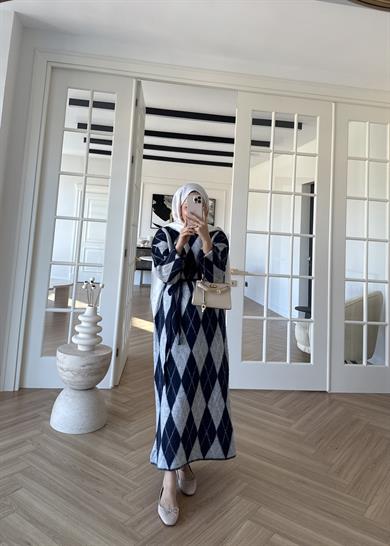 Baklava Desenli Triko Elbise Lacivert