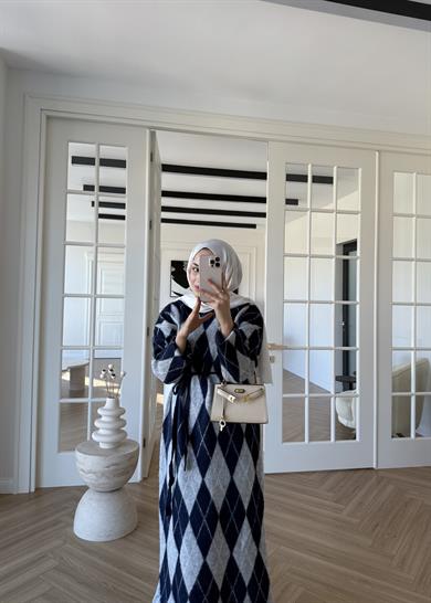 Baklava Desenli Triko Elbise Lacivert