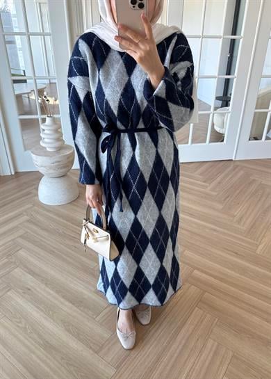 Baklava Desenli Triko Elbise Lacivert