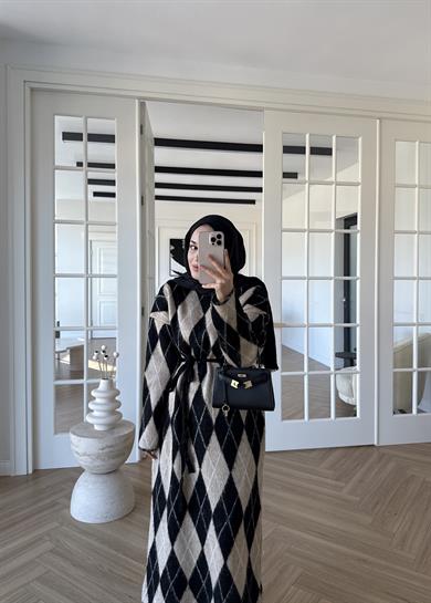 Baklava Desenli Triko Elbise Vizon