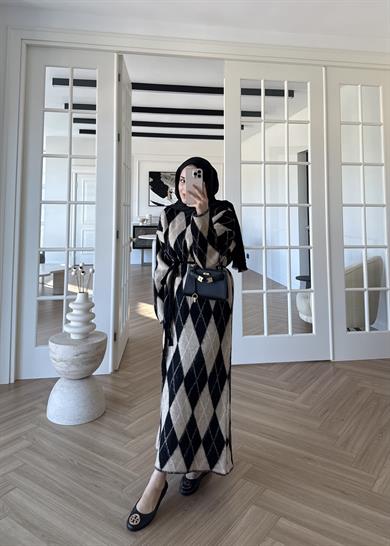 Baklava Desenli Triko Elbise Vizon