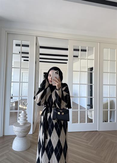 Baklava Desenli Triko Elbise Vizon