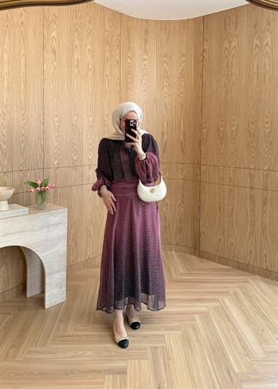 Belden Büzgülü Puantiyeli Elbise Bordo