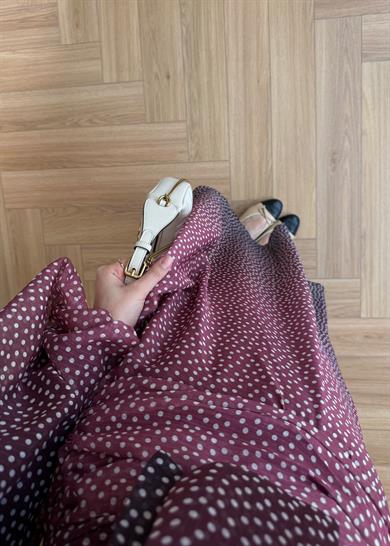 Belden Büzgülü Puantiyeli Elbise Bordo