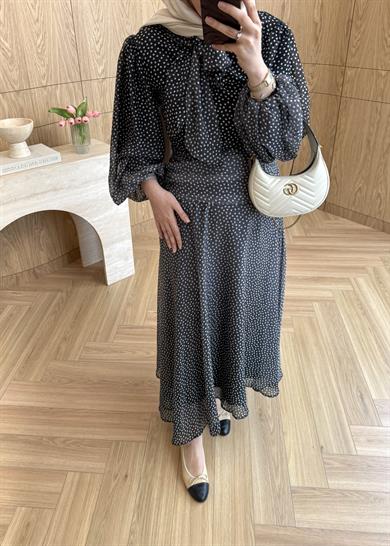 Belden Büzgülü Puantiyeli Elbise Siyah