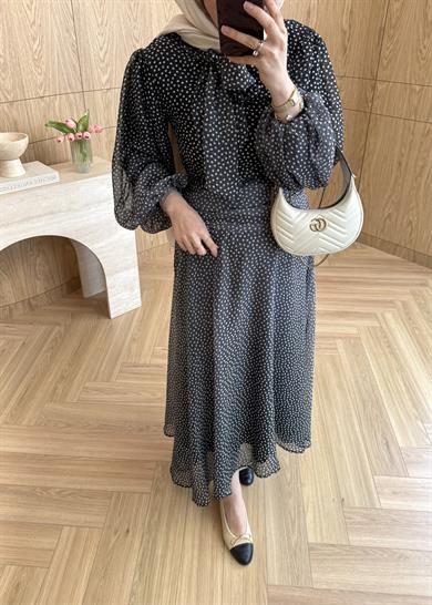 Belden Büzgülü Puantiyeli Elbise Siyah