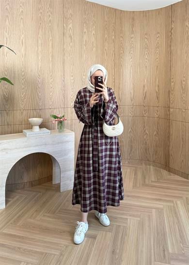 Belden Kemerli Ekose Elbise Bordo