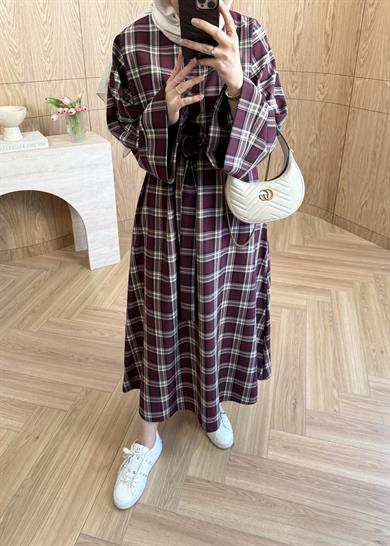 Belden Kemerli Ekose Elbise Bordo