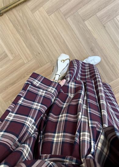 Belden Kemerli Ekose Elbise Bordo