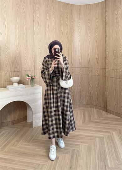 Belden Kemerli Ekose Elbise Kahverengi