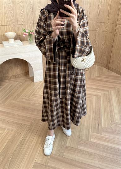 Belden Kemerli Ekose Elbise Kahverengi