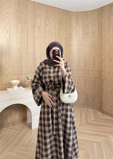 Belden Kemerli Ekose Elbise Kahverengi