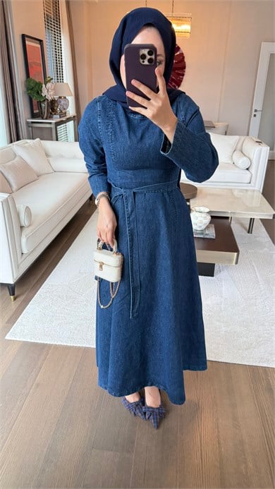 Belden Oturmalı Denim Elbise Lacivert
