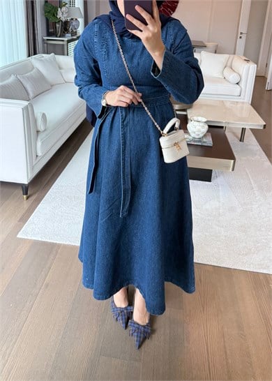 Belden Oturmalı Denim Elbise Lacivert