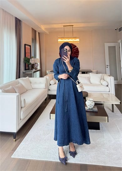 Belden Oturmalı Denim Elbise Lacivert