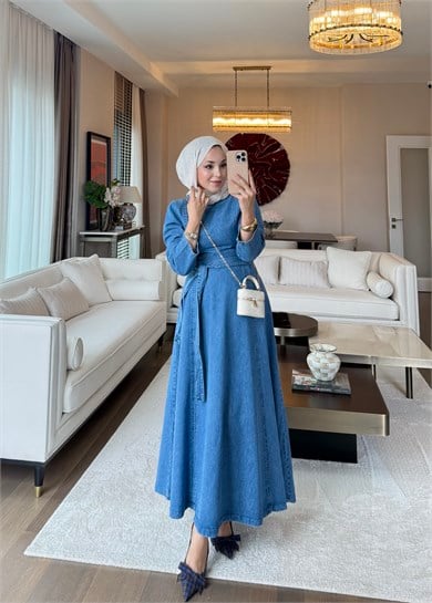 Belden Oturmalı Denim Elbise Mavi